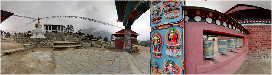 Vue extrieure du monastre de Tengboche - 3870m C'est un haut lieu du bouddhisme. Autrefois, le lieu tait dsert et propice la mditation. Aujourd'hui, de nombreux lodges, un poste de police et un centre tlphonique entourent le gompa. Sa situation sur la route de la valle de l'Everest attire de nombreux touristes. Il abrite une cinquantaine de lamas et de novices. Le monastre a t construit en 1923 l'initiative du lama Shanga Darjee. Un tremblement de terre l'a dtruit en 1934, et un incendie l'a ravag en 1989. Sa reconstruction l'a rendu plus grand et plus beau, et il continue de s'agrandir chaque anne. www.360x180.fr Selme Matthieu